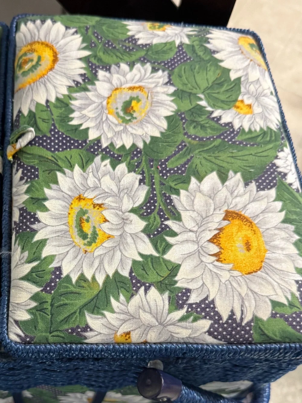 Vtg Wicker Sewing Basket Blue With Sunflowers Storage Box With Handle